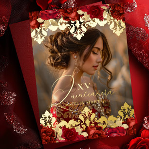 Invitation En Aluminium Rose rouge or damassé floral photo Quinceanera