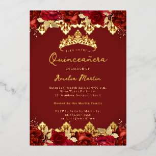 Invitation En Aluminium Rose rouge or damassé floral Quinceanera