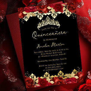 Invitation En Aluminium Rose Rouge Or Damassé Floral Quinceanera