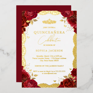 Invitation En Aluminium Rose Rouge Quinceanera Dentelle Dorée Anniversaire
