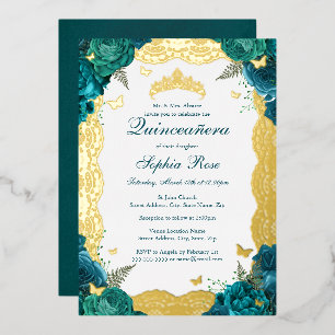 Invitation En Aluminium Rose sarcelle dentelle Quinceanera Anniversaire