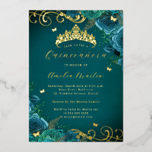 Invitation En Aluminium Rose sarcelle Fleurie Tourbillon doré Quinceanera