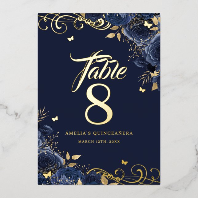 Invitation En Aluminium Rose Swirl Navy Quinceanera Gold Table Number  (Recto)