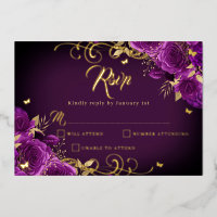 Rose violet Floral Gold Swirl Quinceanera