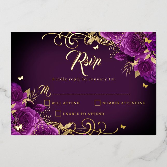 Invitation En Aluminium Rose violet Floral Gold Swirl Quinceanera (Recto)