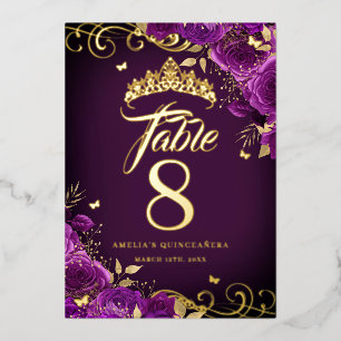 Invitation En Aluminium Rose violet Swirl Quinceanera Gold Table Numéro
