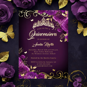 Invitation En Aluminium Rose Violette Élégante Tourbillon Or Quinceanera