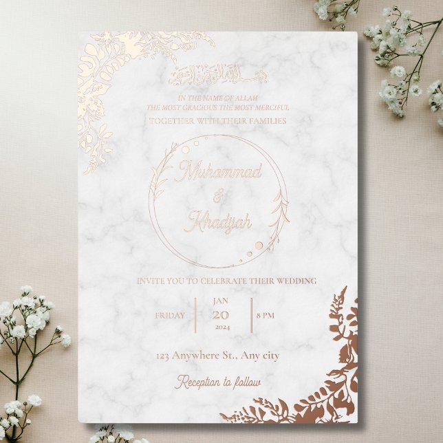 Invitation En Aluminium RoseGold Feuilles Ornate Marbre blanc Mariage musu (Créateur téléchargé)