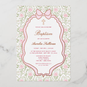 Invitation En Aluminium Roses à cadre à ruban rose Baptême