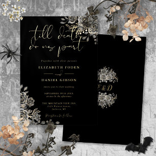 Invitation En Aluminium Roses Florales de Mariage Gothique Noir et Or