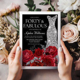 Invitation En Aluminium Roses Rouges & 40e Anniversaire Noir Argent