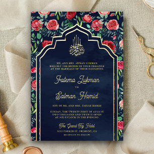 Invitation En Aluminium Roses rouges Bleu marine Floral Musulman Mariage O