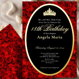 Invitation En Aluminium Roses Rouges Élégantes Début 18 Ans Or