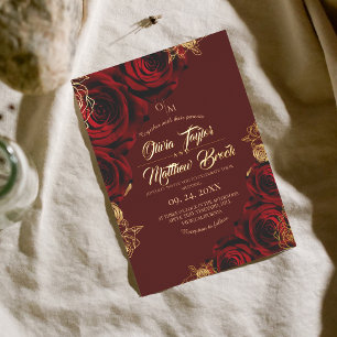 Invitation En Aluminium Roses rouges et Mariage à huile d'or