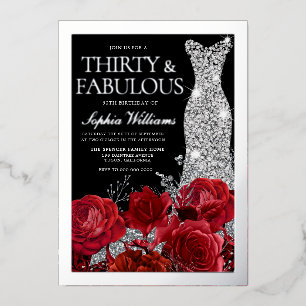 Invitation En Aluminium Roses Rouges & Feuille d'Argent Noir 30ème Anniver