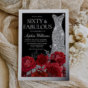 Invitation En Aluminium Roses Rouges & Feuille d'Argent Noir 60e Anniversa
