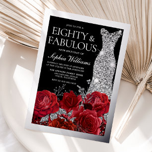 Invitation En Aluminium Roses Rouges & Feuille d'Argent Noir 80e Anniversa