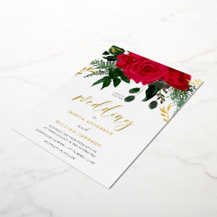 Invitation En Aluminium Roses Rouges & Feuille Verte Mariage Feuille d'Or