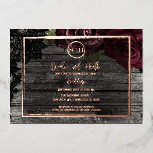 Invitation En Aluminium Roses rouges foncées Bois et dentelle Mariage rust