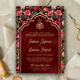 Invitation En Aluminium Roses Rouges Marron Floral Mariage Musulman Or