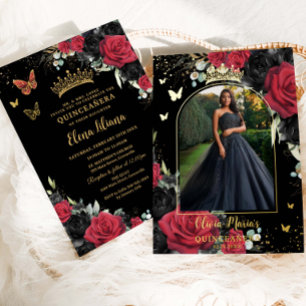 Invitation En Aluminium Roses Rouges Noires Fleurs Quinceañera Douce 16 Ph