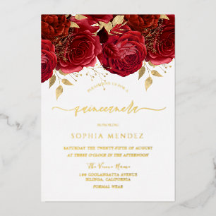Invitation En Aluminium Roses Rouges Romantiques Élégante Fête de Quinceañ