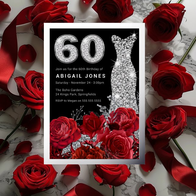 Invitation En Aluminium Roses rouges Roses Diamond Robe 60e Anniversaire A (Créateur téléchargé)