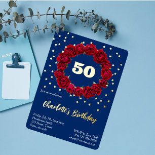 Invitation En Aluminium Roses rouges sur fond bleu foncé avec étoiles scin