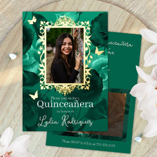Invitation En Aluminium Roses verts turquoises, Papillons d'or Quinceanera