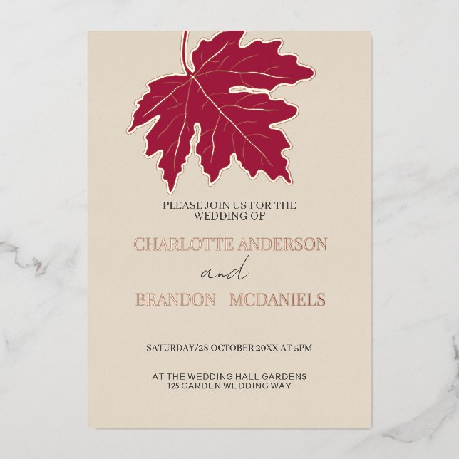 Invitation En Aluminium Rouge automne Feuille d'érable Mariage Rose or (Recto)