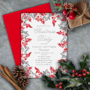 Invitation En Aluminium Rouge Baies de houx gris floral Noël Party