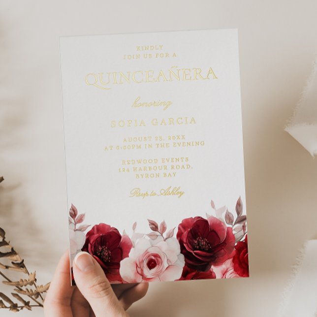 Invitation En Aluminium Rouge Bourgogne Élégance Rouge Rose Quinceanera Or (Créateur téléchargé)