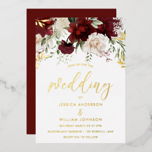 Invitation En Aluminium Rouge Bourgogne & Fleurs Blanches Mariage Or