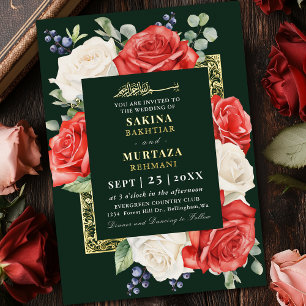 Invitation En Aluminium Rouge et blanc Floral Vert Mariage musulman