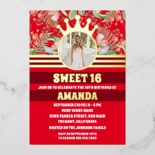 Invitation En Aluminium Rouge Floral Couronne princesse Sweet 16 Photo