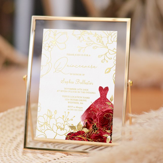Invitation En Aluminium Rouge Floral & Robe Quinceanera Feuilles d'or (Créateur téléchargé)