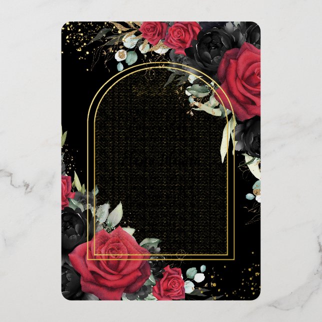 Invitation En Aluminium Rouge noir Rose Floral Quinceañera Sweet 16 Arc (Recto)