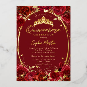 Invitation En Aluminium Rouge or Captivant papillon floral Quinceanera