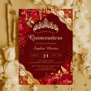 Invitation En Aluminium Rouge or dentelle florale Quinceanera