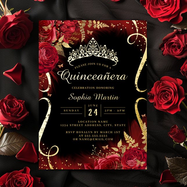 Invitation En Aluminium Rouge Or Noir Floral Scroll Quinceanera  (Créateur téléchargé)