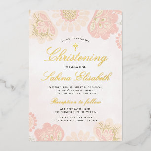 Invitation En Aluminium Rouge rosé floral fille baptême croix dorée réelle