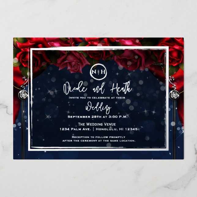 Invitation En Aluminium Rouge Rose Marine Blue Sparkle Mariage Silver (Recto)
