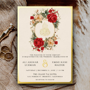 Invitation En Aluminium Rouge Roses Fleurs d'ivoire Crème Musulman Mariage