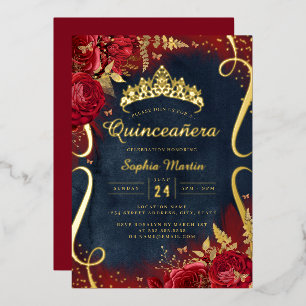 Invitation En Aluminium Rouges Gold Navy Flore Quinceanera