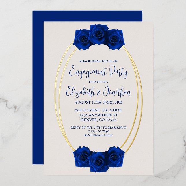 Invitation En Aluminium Royal Blue and Gold Geometry Engagement Party (Recto/Verso)