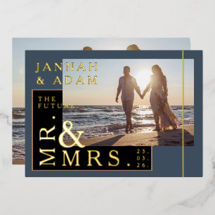 Invitation En Aluminium Royal Blue and Gold Photo Mariage M. et Mme.