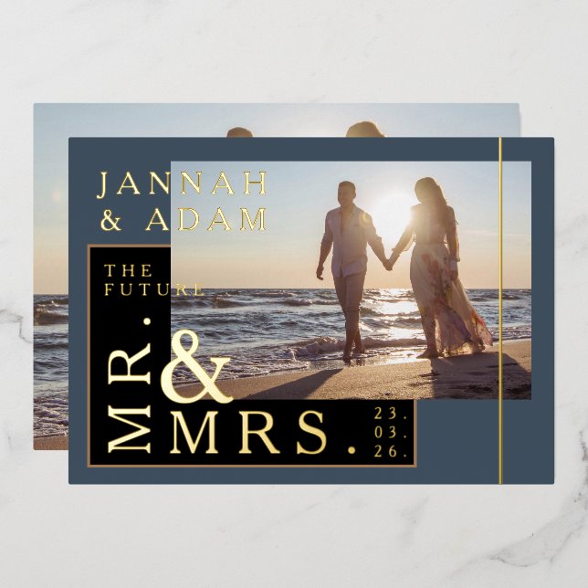 Invitation En Aluminium Royal Blue and Gold Photo Mariage M. et Mme. (Recto/Verso)