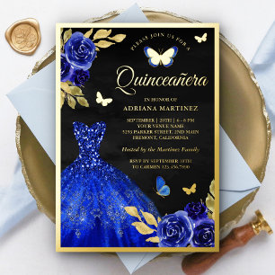 Invitation En Aluminium Royal Blue Floral Butterfly Black Quinceanera Gold