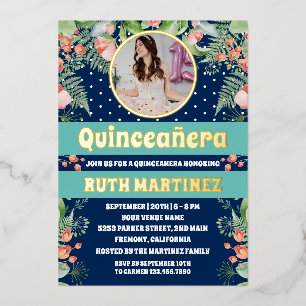 Invitation En Aluminium Royal Blue Gold Floral Quinceanera Party Photo