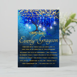 Invitation En Aluminium Royal Blue Heart Leaf Tree Gold Mariage